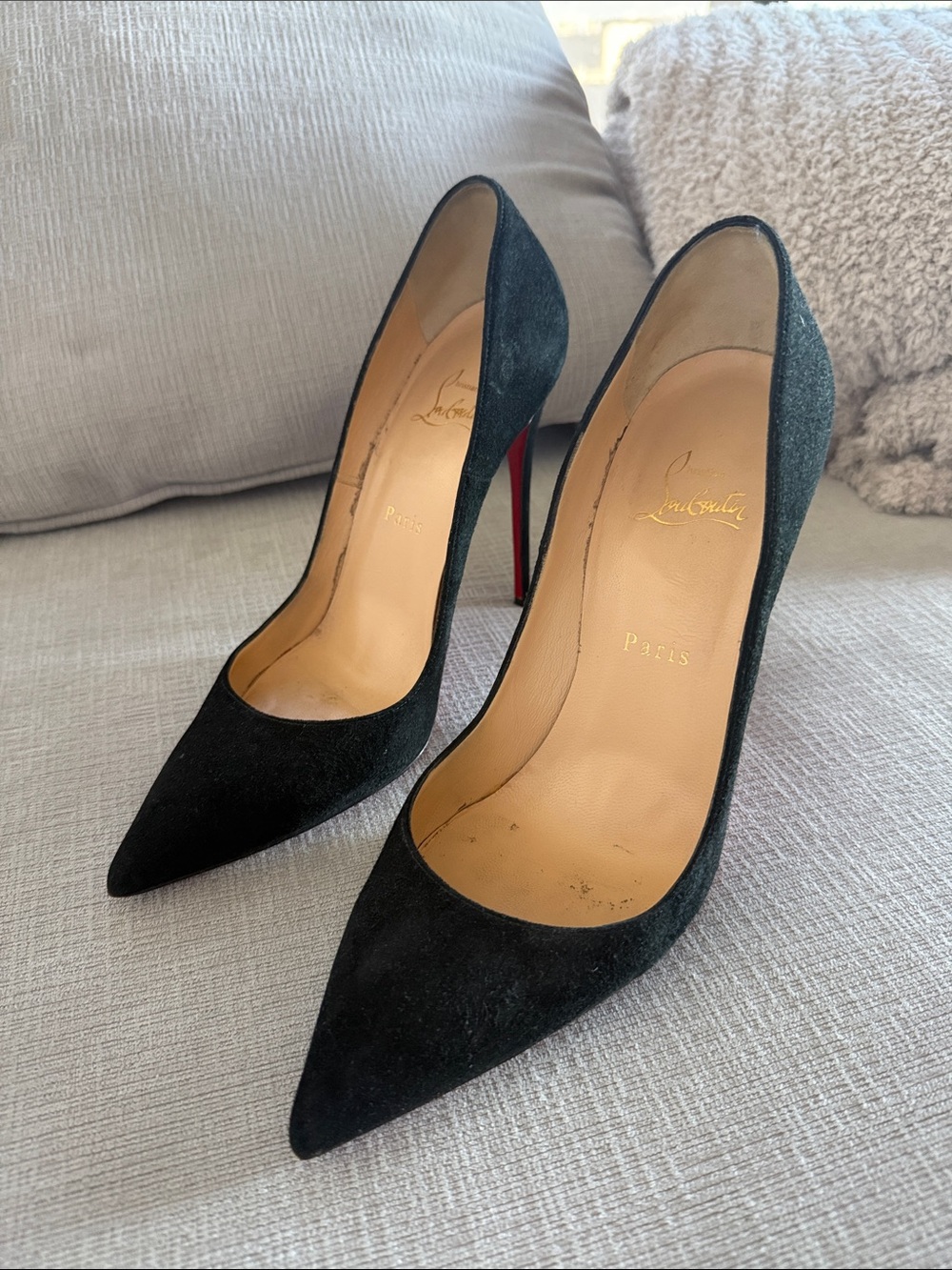 Christian Louboutin Black Suede Pointed Toe Pumps with Red Sole